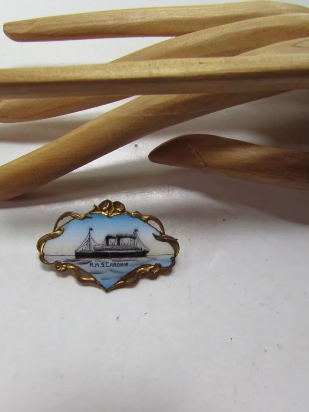 Antique Brooch Souvenir RMS Caronia Cunard Ocean Liner Blue Enamel